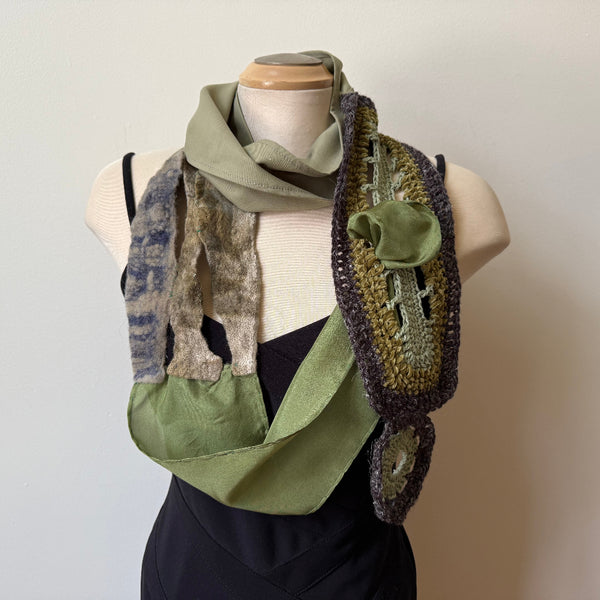 Green art scarf, hand-crochet, art to wear.