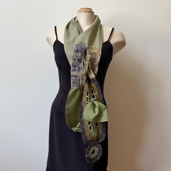 Green art scarf, hand-crochet, art to wear.