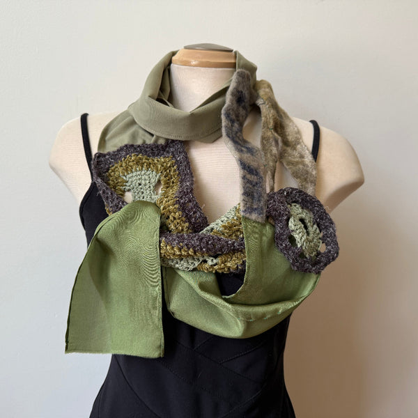 Green art scarf, hand-crochet, art to wear.