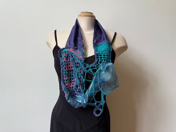 Blue unique art scarf.Partly hand crochet. Collage of materials. Art to wear.
