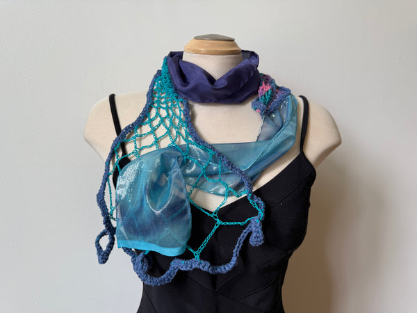 Blue unique art scarf.Partly hand crochet. Collage of materials. Art to wear.