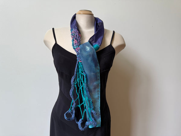 Blue unique art scarf.Partly hand crochet. Collage of materials. Art to wear.