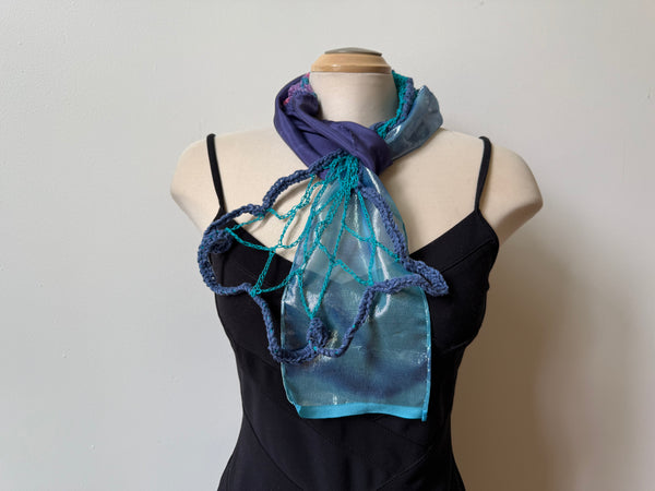 Blue unique art scarf.Partly hand crochet. Collage of materials. Art to wear.