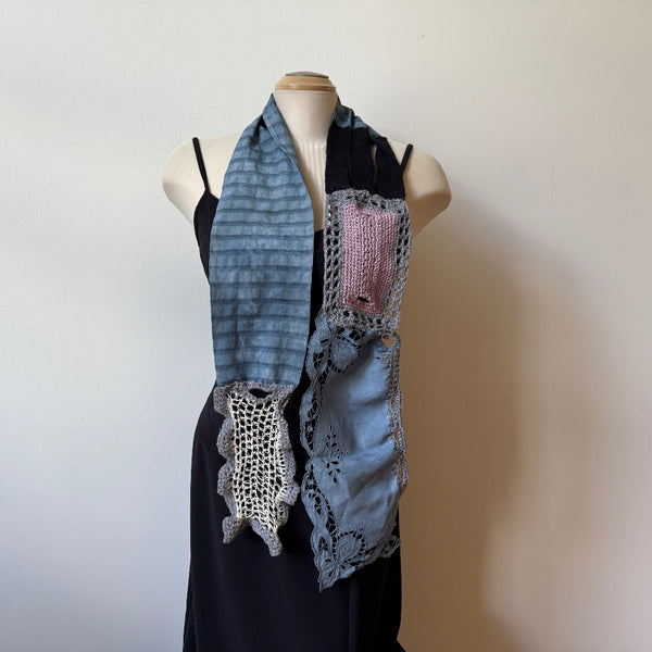 Grey crochet art scarf, art to wear, hand-dyed antique lace, hand-dyed cotton