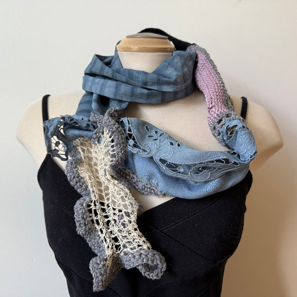 Grey crochet art scarf, art to wear, hand-dyed antique lace, hand-dyed cotton