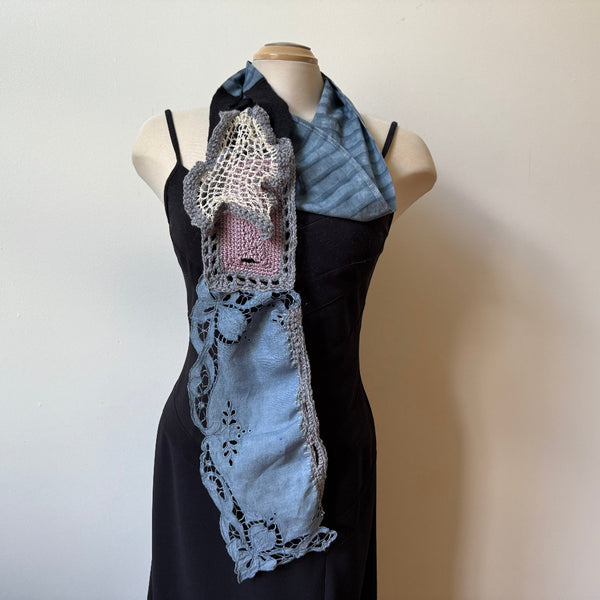 Grey crochet art scarf, art to wear, hand-dyed antique lace, hand-dyed cotton