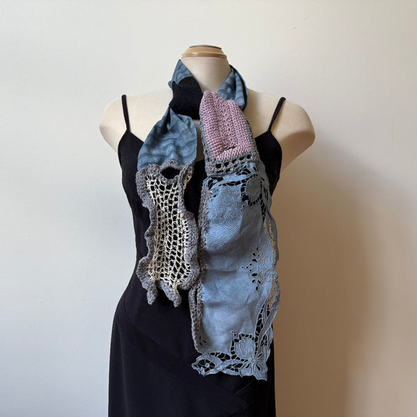 Grey crochet art scarf, art to wear, hand-dyed antique lace, hand-dyed cotton