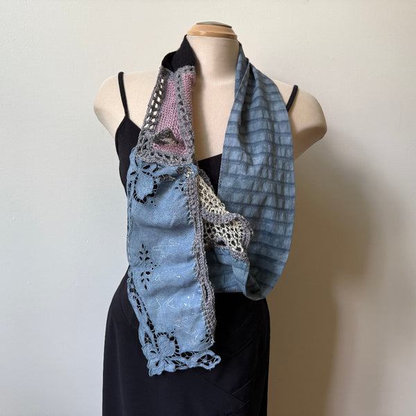 Grey crochet art scarf, art to wear, hand-dyed antique lace, hand-dyed cotton