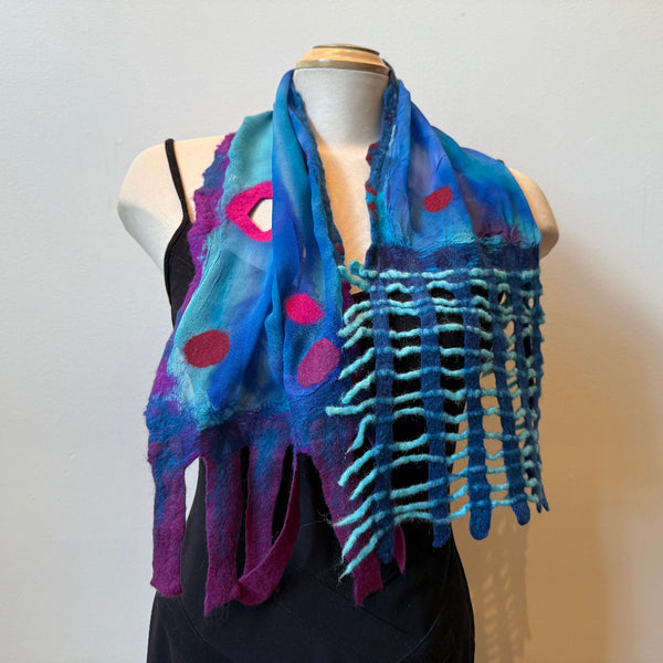 Blue hand painted and hand felted art scarf