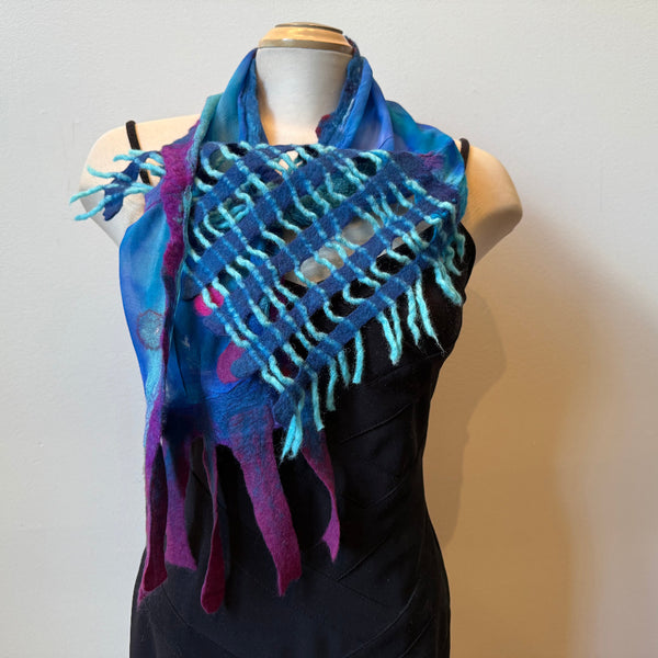 Blue hand painted and hand felted art scarf