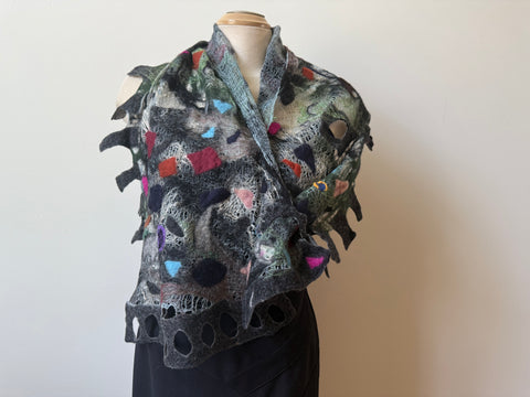 Nuno felted merino wool, silk and cotton art scarf, one-of-a-kind