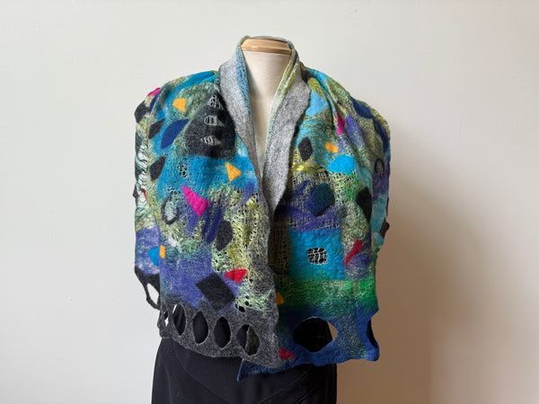 Unique hand Felted art scarf, multicoloured, boho scarf, one-of-a-kind