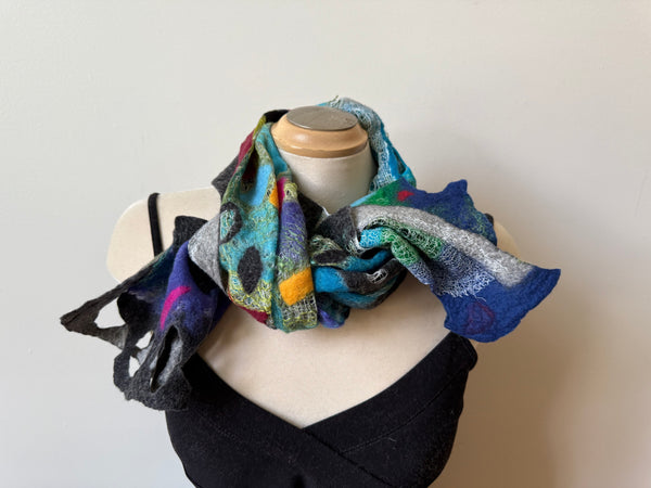Unique hand Felted art scarf, multicoloured, boho scarf, one-of-a-kind