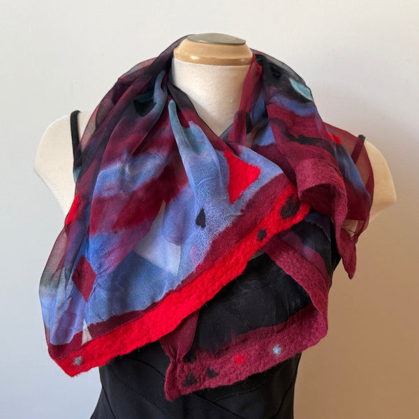 Handpainted and hand felted silk and wool scarf, art to wear, designer scarf