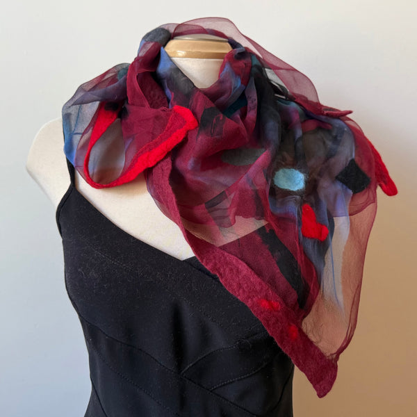 Handpainted and hand felted silk and wool scarf, art to wear, designer scarf