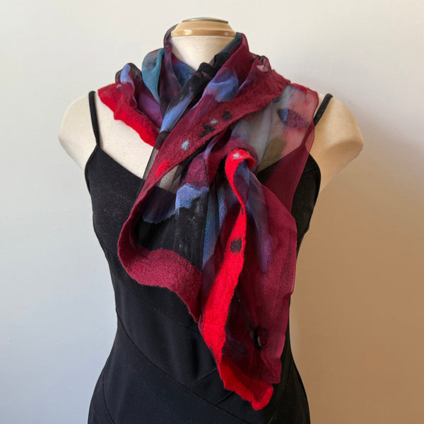 Handpainted and hand felted silk and wool scarf, art to wear, designer scarf