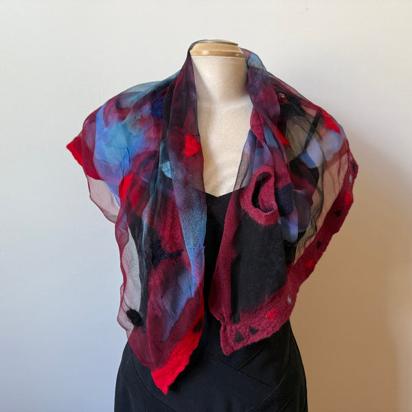 Handpainted and hand felted silk and wool scarf, art to wear, designer scarf