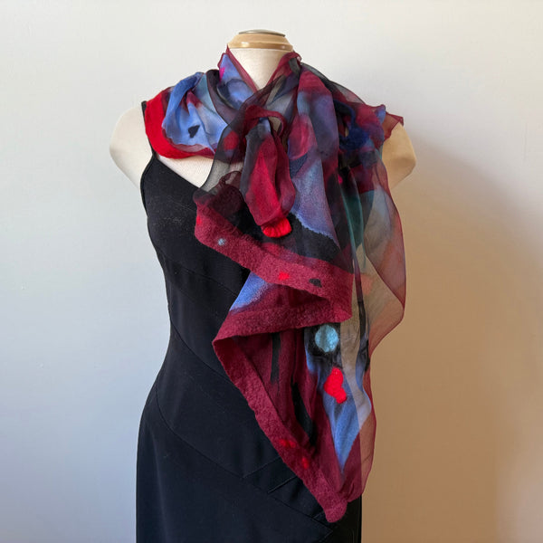 Handpainted and hand felted silk and wool scarf, art to wear, designer scarf