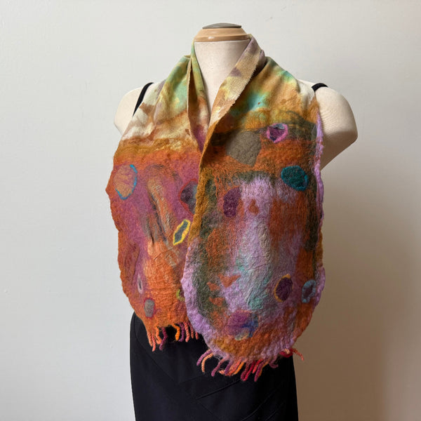 hand-felted and hand-painted wool scarf, art to wear