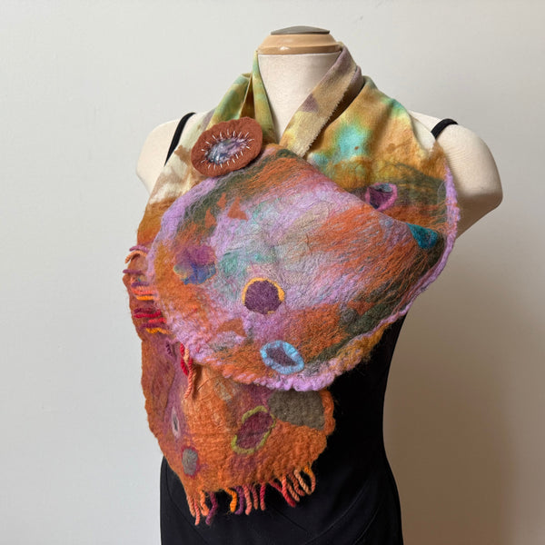 hand-felted and hand-painted wool scarf, art to wear