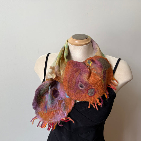 hand-felted and hand-painted wool scarf, art to wear
