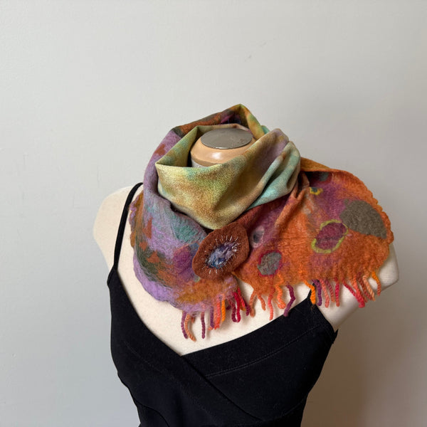 hand-felted and hand-painted wool scarf, art to wear