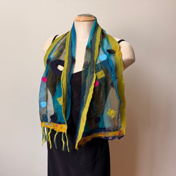 Green hand painted and hand felted silk and merino wool art scarf. art to wear. Boho scarf.