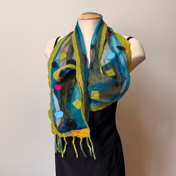 Green hand painted and hand felted silk and merino wool art scarf. art to wear. Boho scarf.