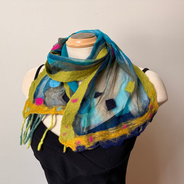 Green hand painted and hand felted silk and merino wool art scarf. art to wear. Boho scarf.