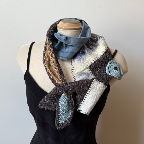 Grey and taupe art scarf. Hand crochet, hand dyed and hand felted.