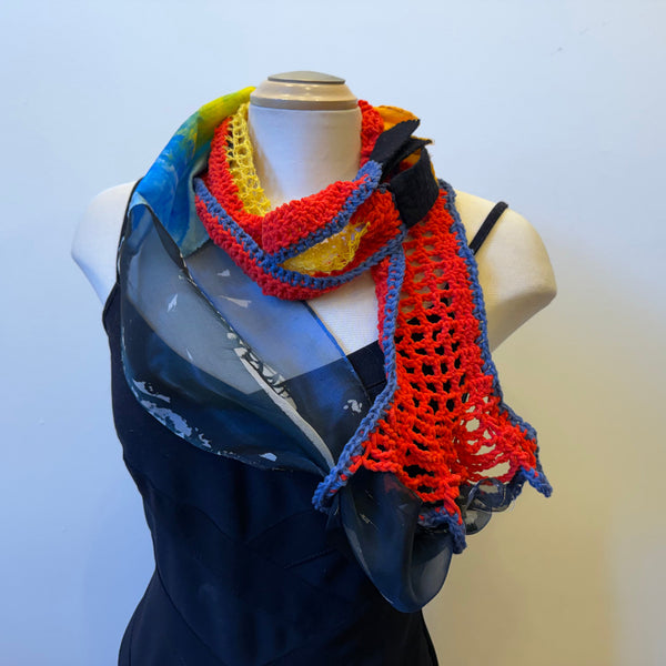 Hand painted and crochet unique art scarf, art to wear, one-of-a-kind