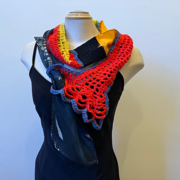 Hand painted and crochet unique art scarf, art to wear, one-of-a-kind