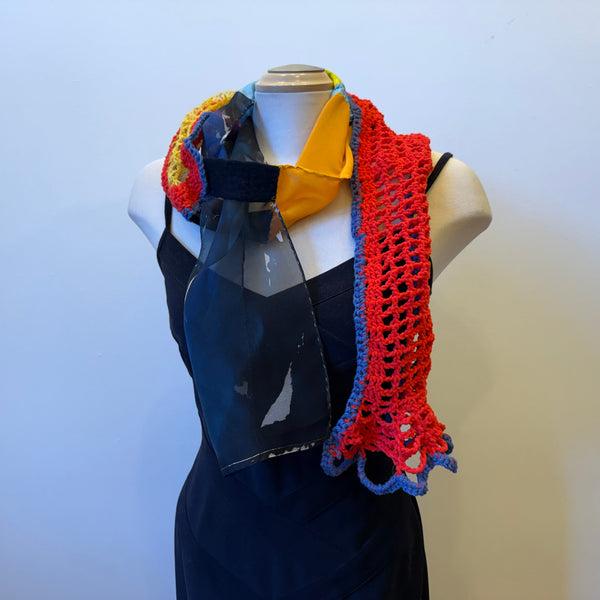 Hand painted and crochet unique art scarf, art to wear, one-of-a-kind
