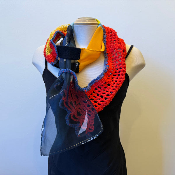 Hand painted and crochet unique art scarf, art to wear, one-of-a-kind