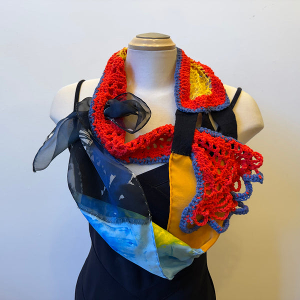 Hand painted and crochet unique art scarf, art to wear, one-of-a-kind
