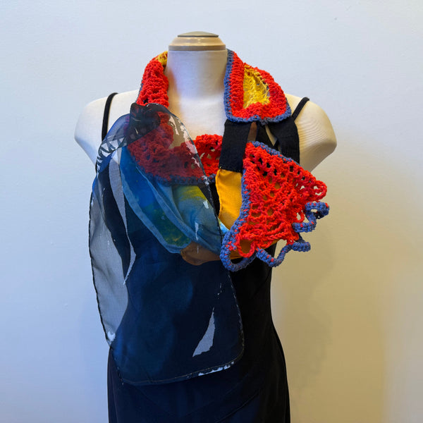 Hand painted and crochet unique art scarf, art to wear, one-of-a-kind