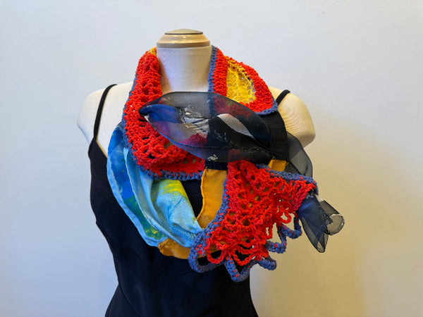 Hand painted and crochet unique art scarf, art to wear, one-of-a-kind