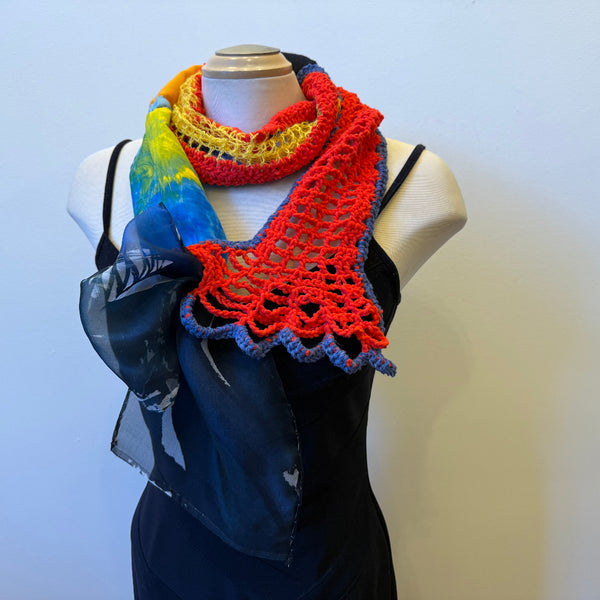 Hand painted and crochet unique art scarf, art to wear, one-of-a-kind