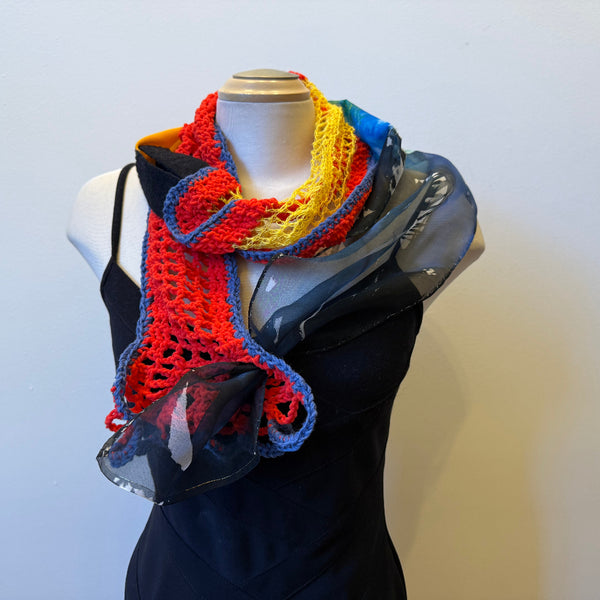 Hand painted and crochet unique art scarf, art to wear, one-of-a-kind