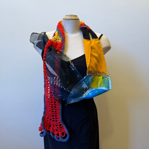 Hand painted and crochet unique art scarf, art to wear, one-of-a-kind