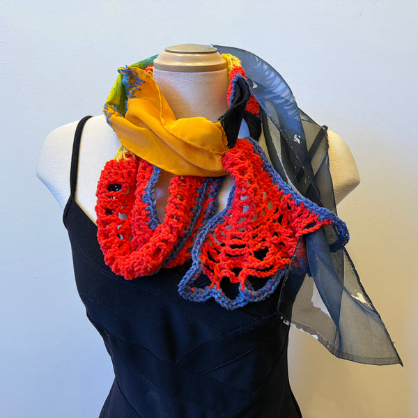 Hand painted and crochet unique art scarf, art to wear, one-of-a-kind
