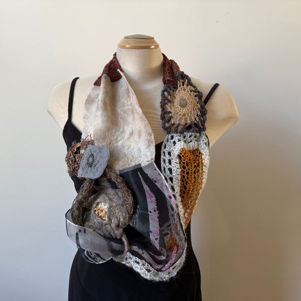 Neutral colours unique art scarf, art to wear.