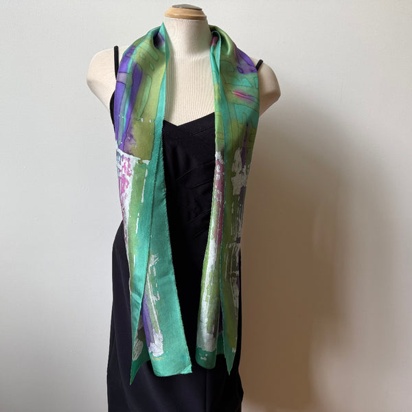 Green batik silk art scarf, hand-painted shawl, art to wear.