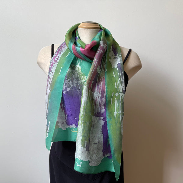 Green batik silk art scarf, hand-painted shawl, art to wear.