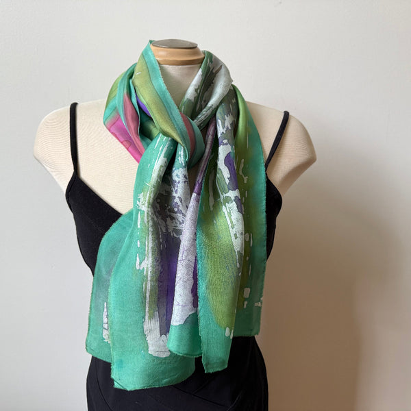 Green batik silk art scarf, hand-painted shawl, art to wear.