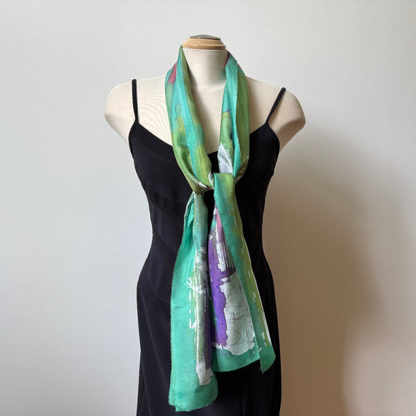 Green batik silk art scarf, hand-painted shawl, art to wear.