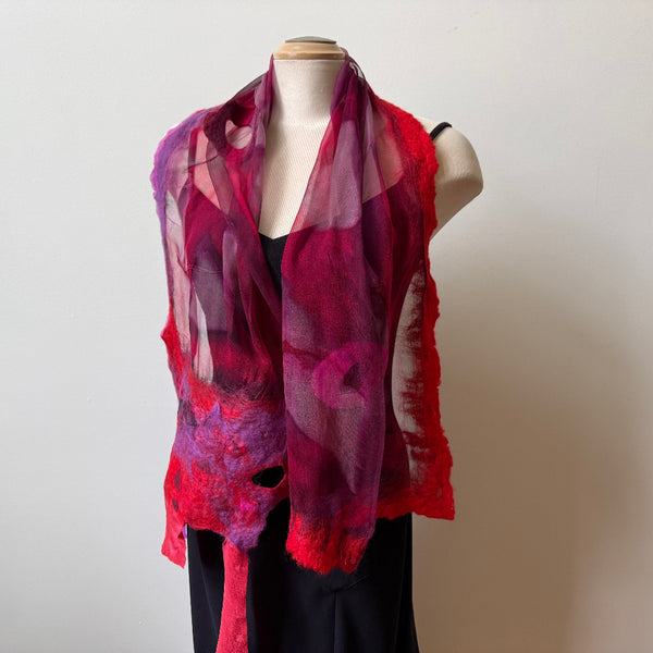 Red art scarf. Hand painted and hand felted silk and merino wool art shawl. One of a kind