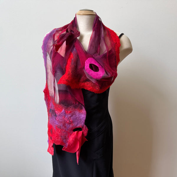 Red art scarf. Hand painted and hand felted silk and merino wool art shawl. One of a kind