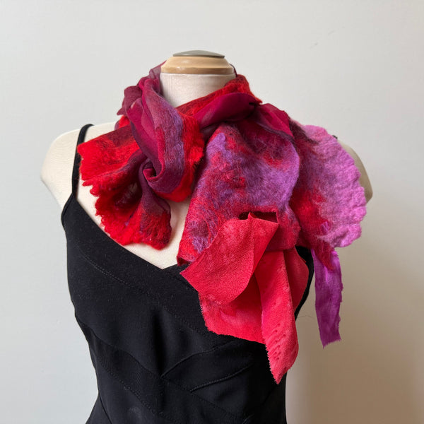 Red art scarf. Hand painted and hand felted silk and merino wool art shawl. One of a kind