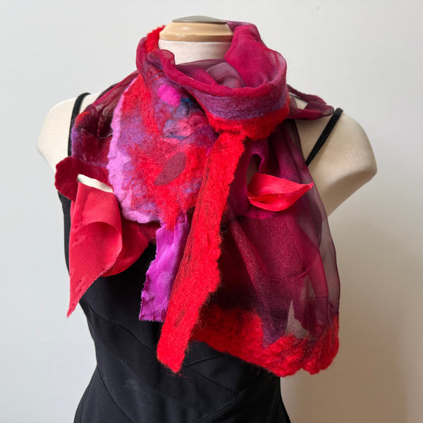 Red art scarf. Hand painted and hand felted silk and merino wool art shawl. One of a kind